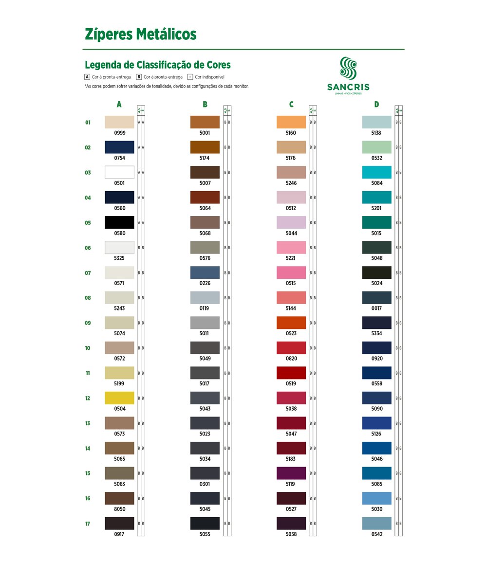 Carta de colores cierres metálicos
