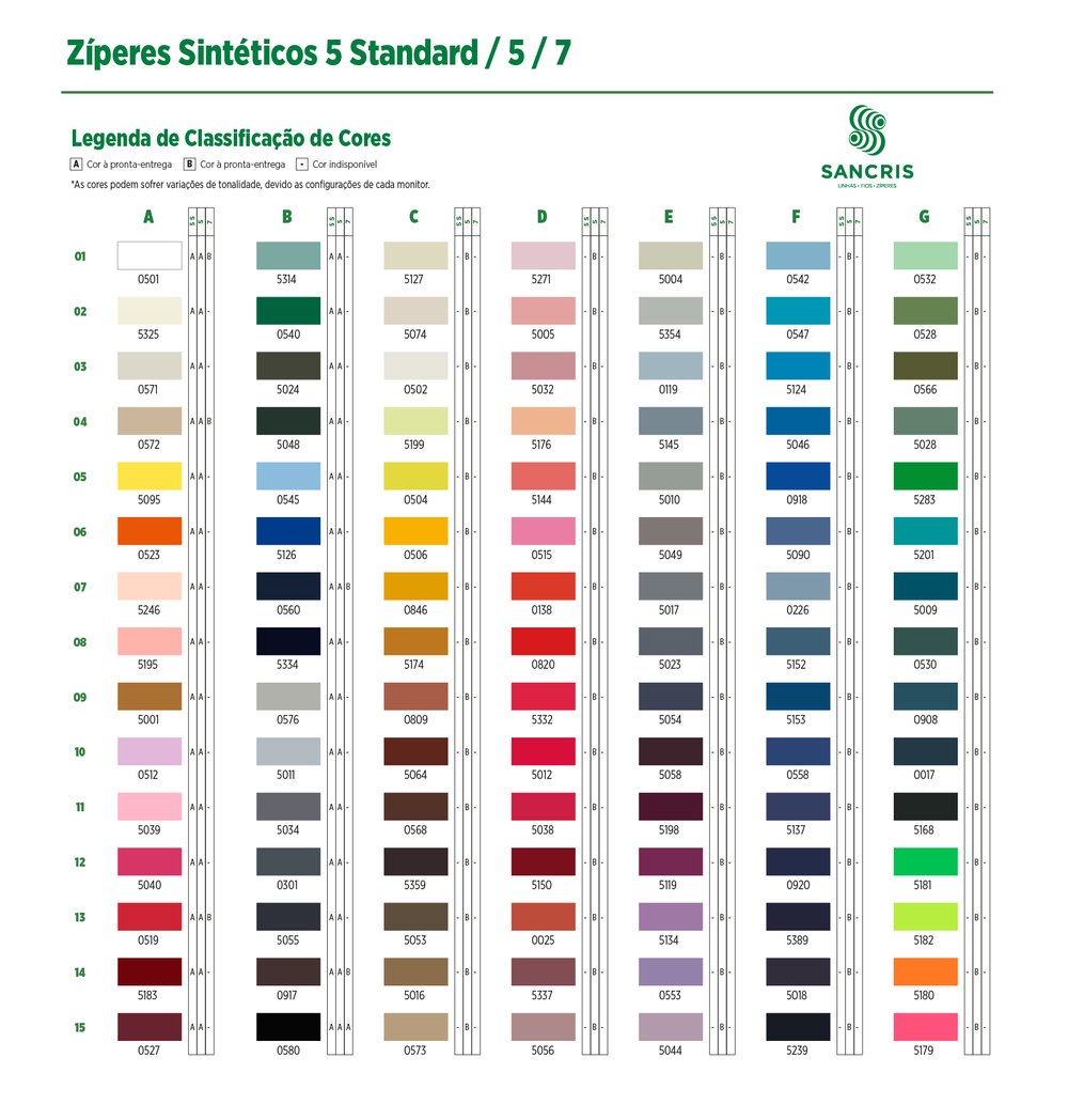 Carta de colores cierres sintéticos